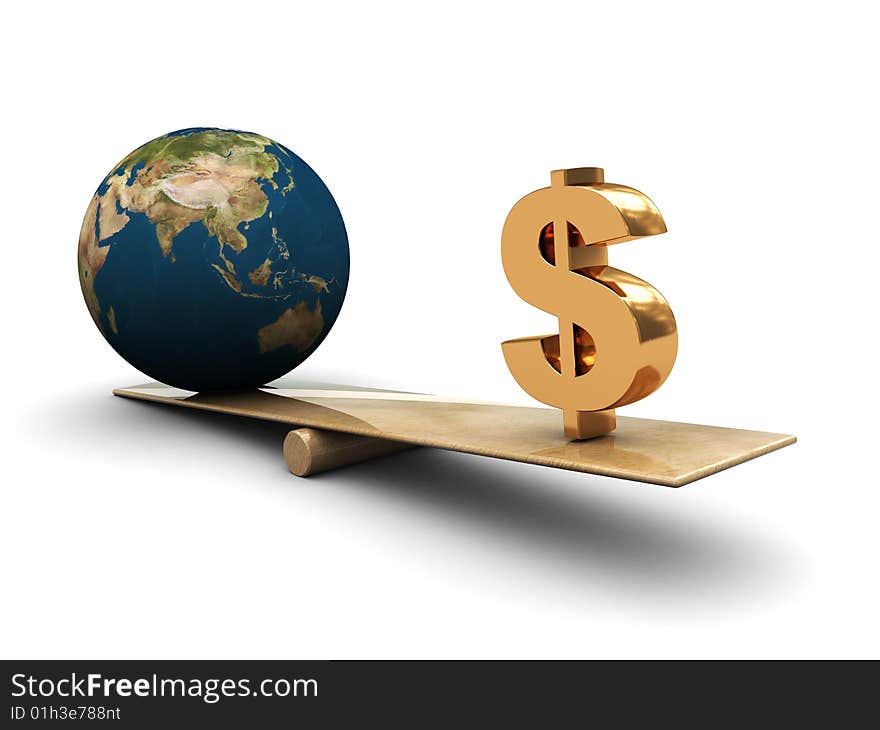 Abstract 3d illustration of earth and dollar sign on scale. Abstract 3d illustration of earth and dollar sign on scale