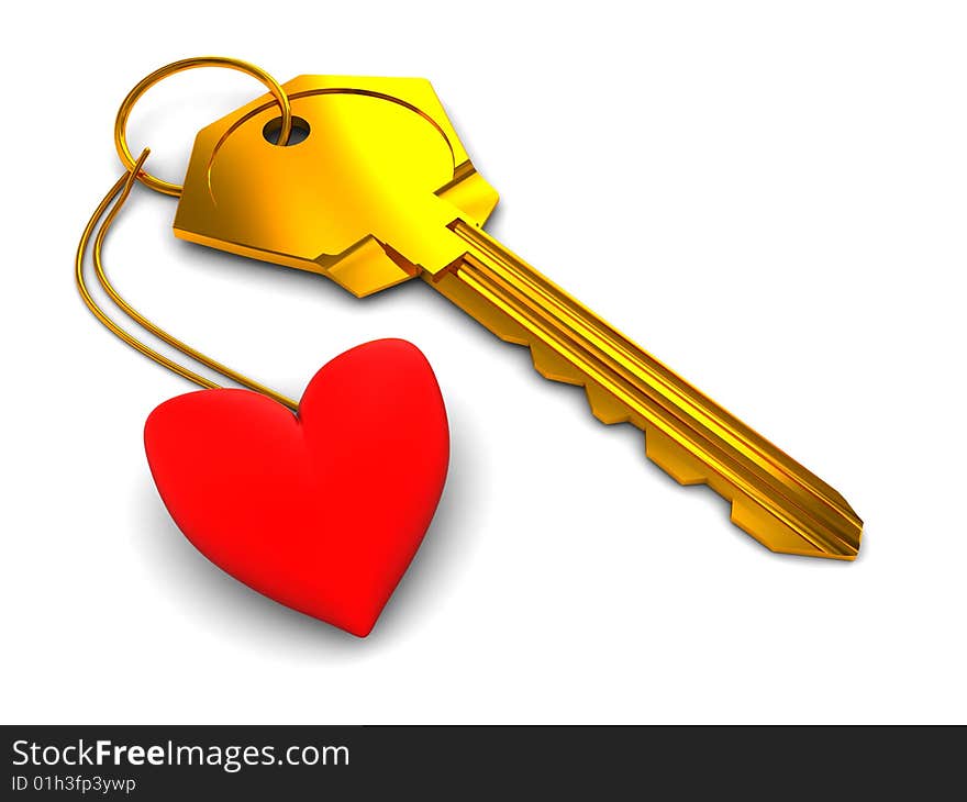 Abstract 3d illustration of golden key and red heart over white background. Abstract 3d illustration of golden key and red heart over white background