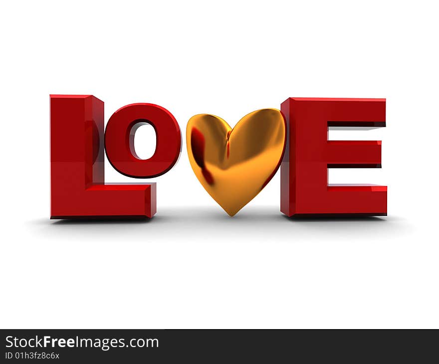 Abstract 3d illustration of text 'love' with golden heart. Abstract 3d illustration of text 'love' with golden heart