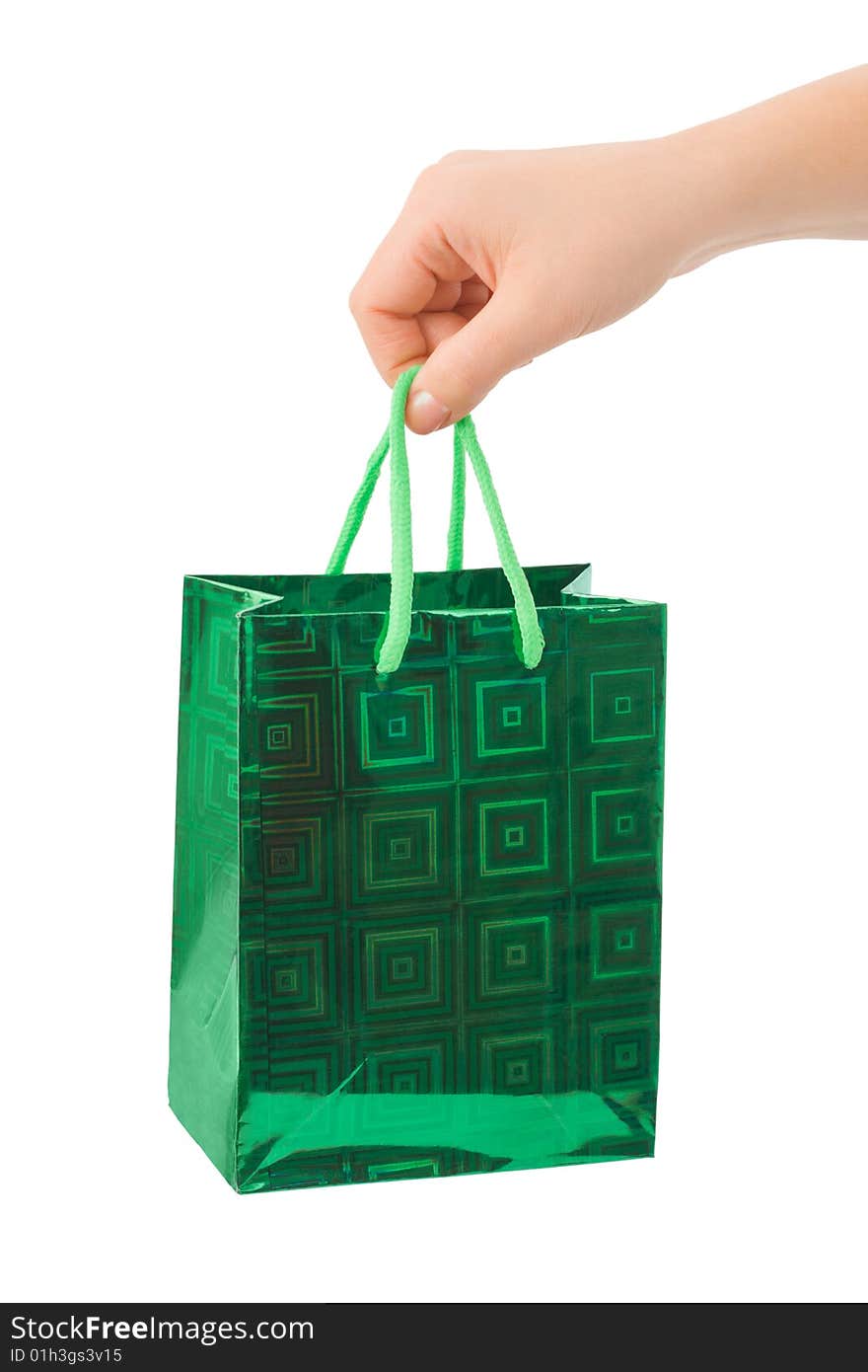 Hand with shopping bag isolated on white background