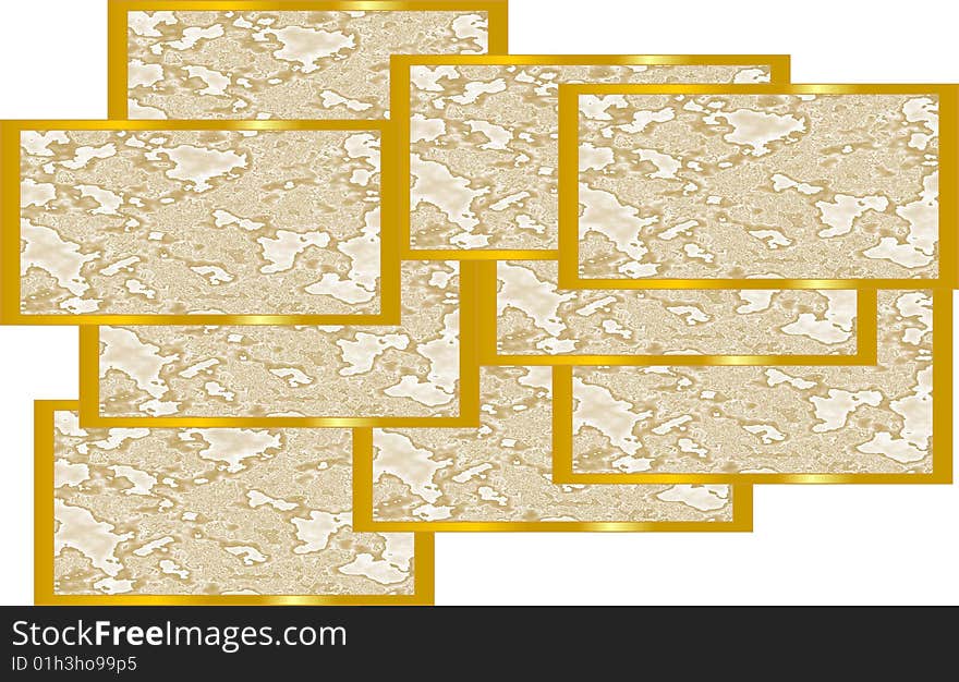 Gold flakes arranged in a collage with gold edging. Gold flakes arranged in a collage with gold edging..