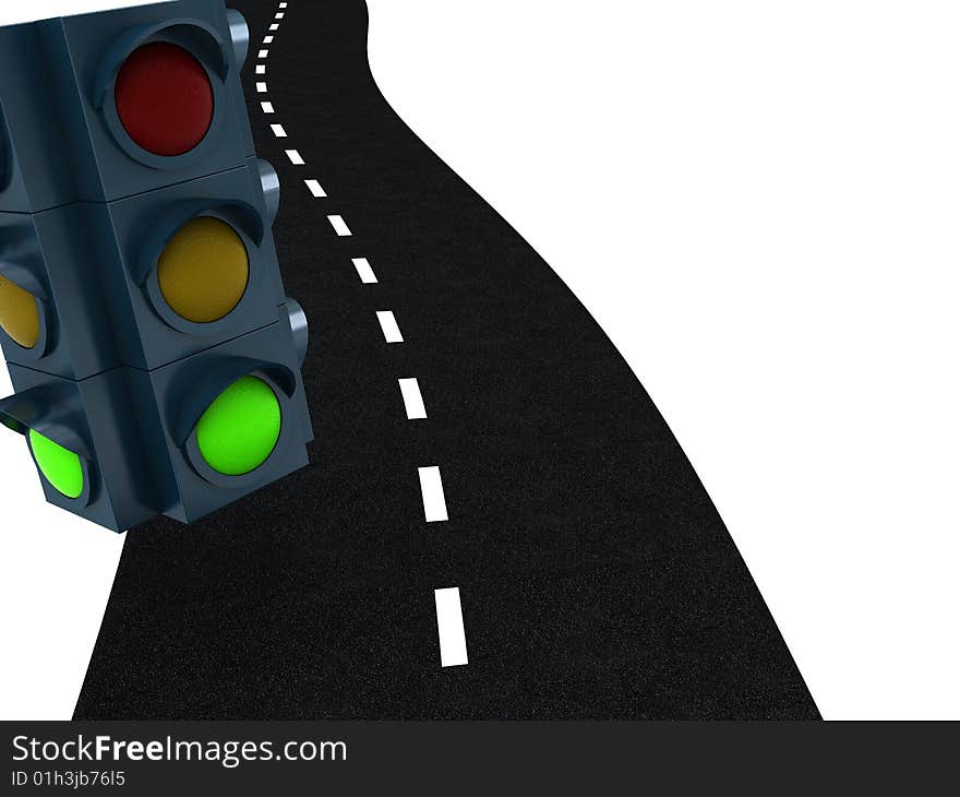 3d illustration of green traffic light and road, free way symbol