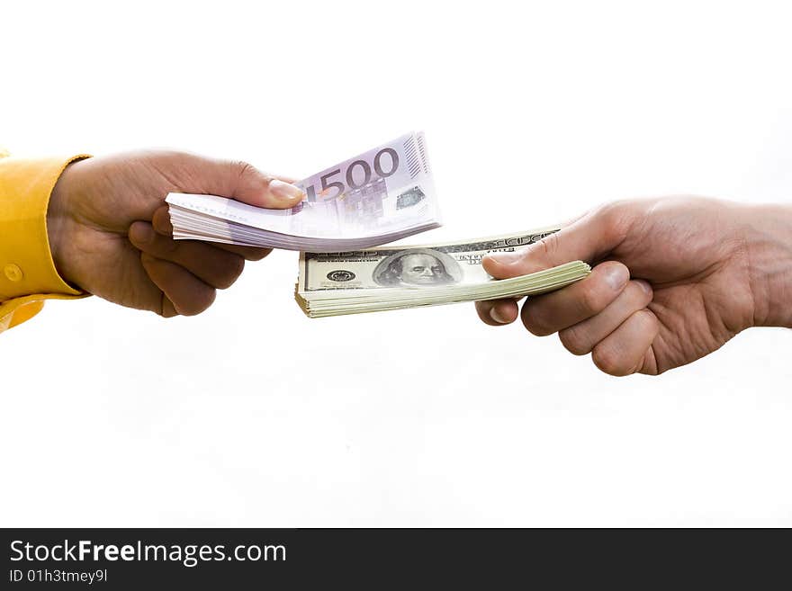 Two man hands with banknotes on white background. Two man hands with banknotes on white background