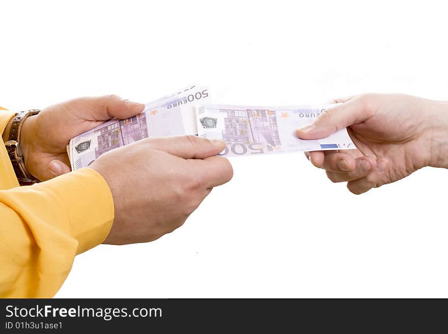 Men hands in orange shirt with banknotes. Men hands in orange shirt with banknotes