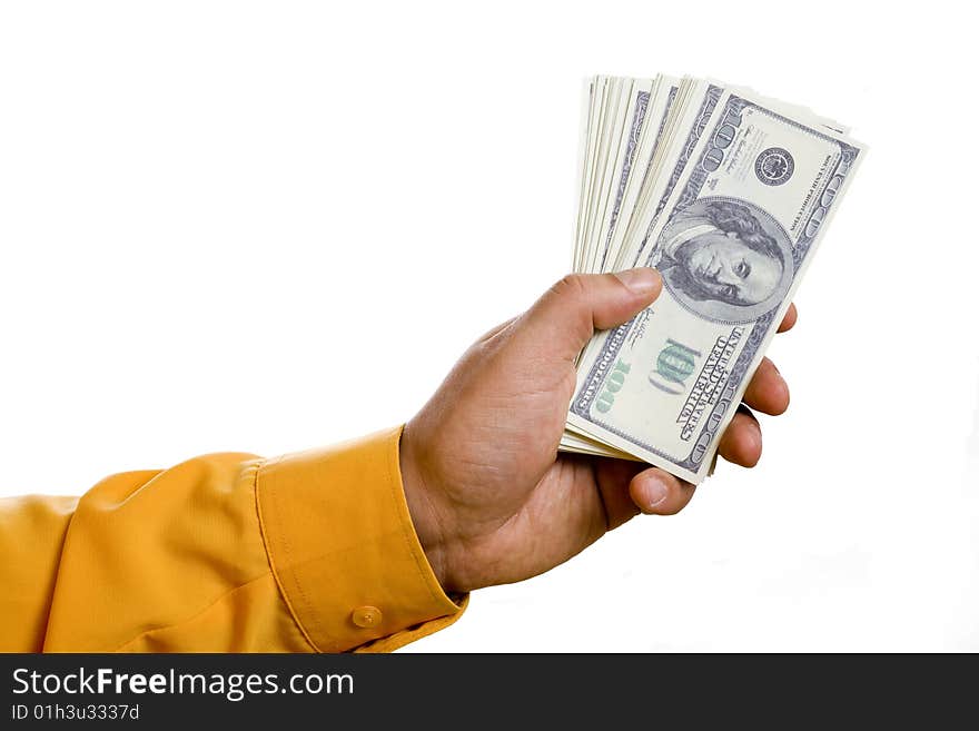 Men hand in orange shirt with banknotes. Men hand in orange shirt with banknotes