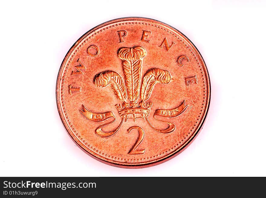 Two pence coin isolated on white.