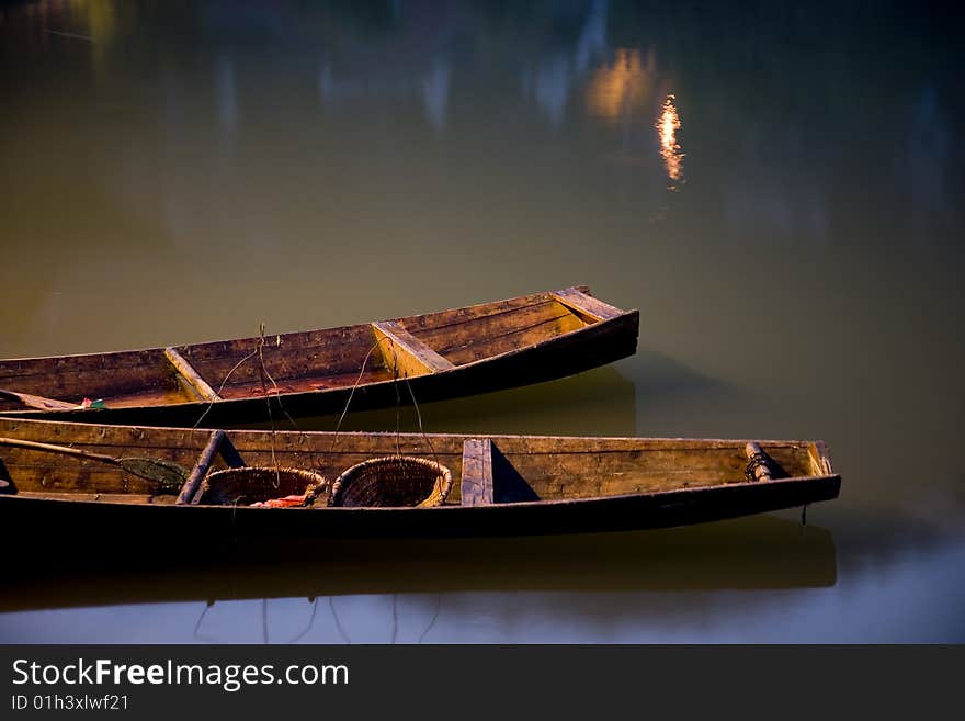 Old boat on lake. landscape