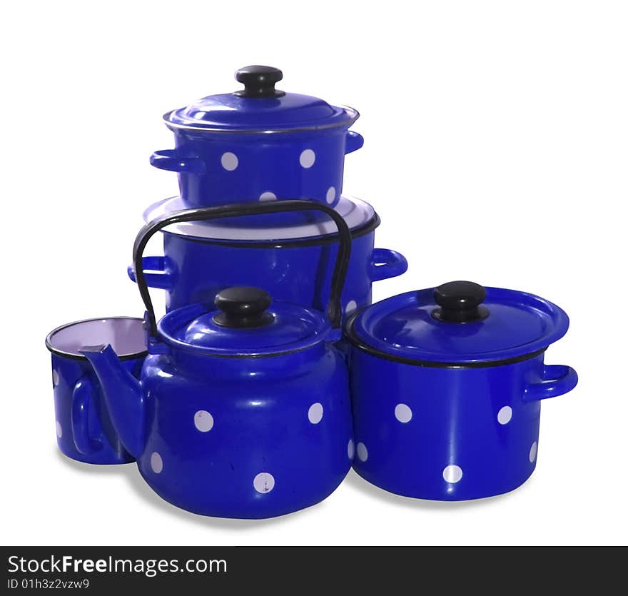 Colored saucepans and  kettle . Isolate over white. Colored saucepans and  kettle . Isolate over white