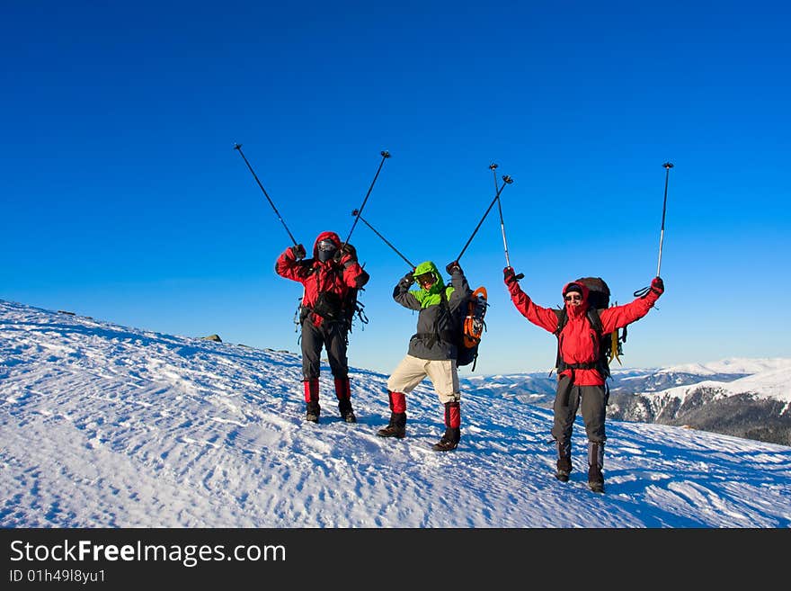 Hiker are in winter in mountains