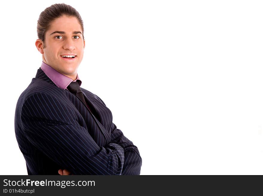 Portrait of thinking man looking up on an isolated white background