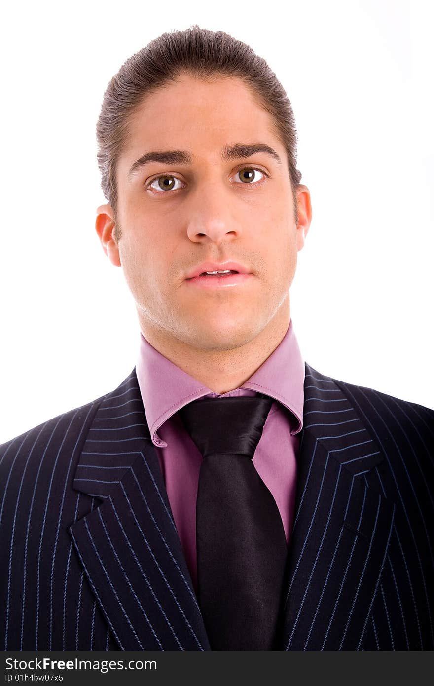 Portrait of thinking man looking up on an isolated white background