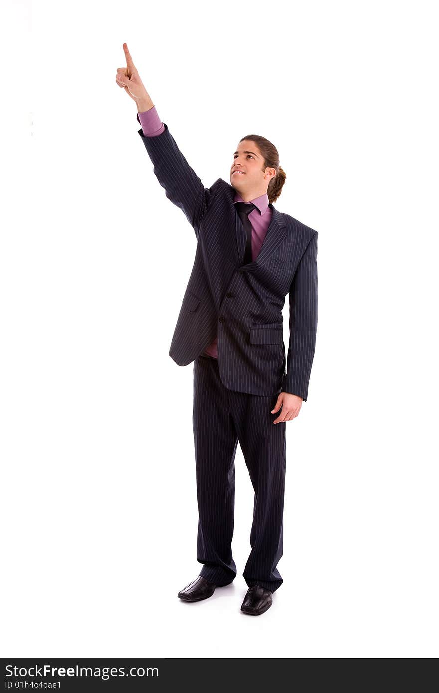 Portrait of thinking man looking up on an isolated white background