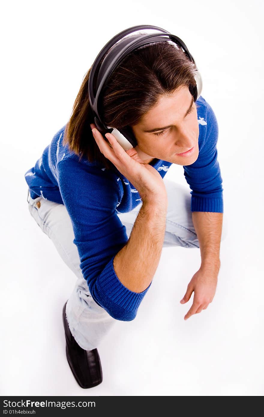 Portrait of thinking man looking up on an isolated white background