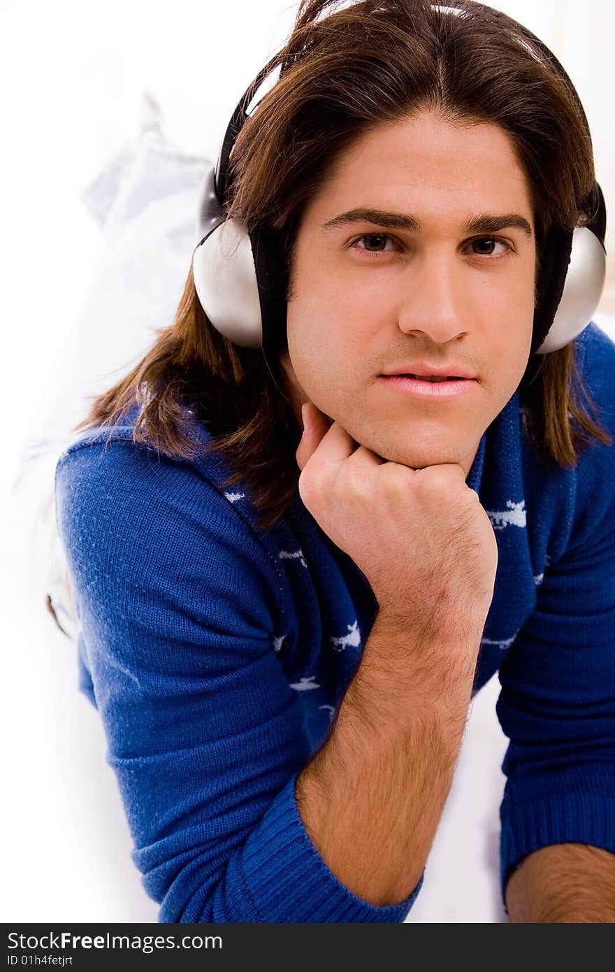 Portrait of thinking man looking up on an isolated white background