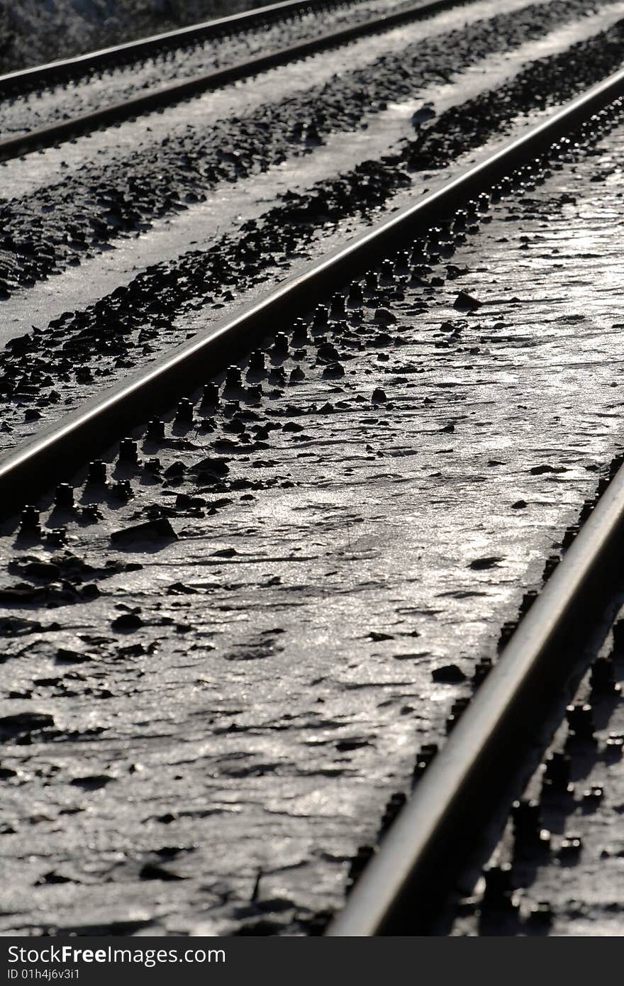 Close - up of railroad line. Close - up of railroad line.