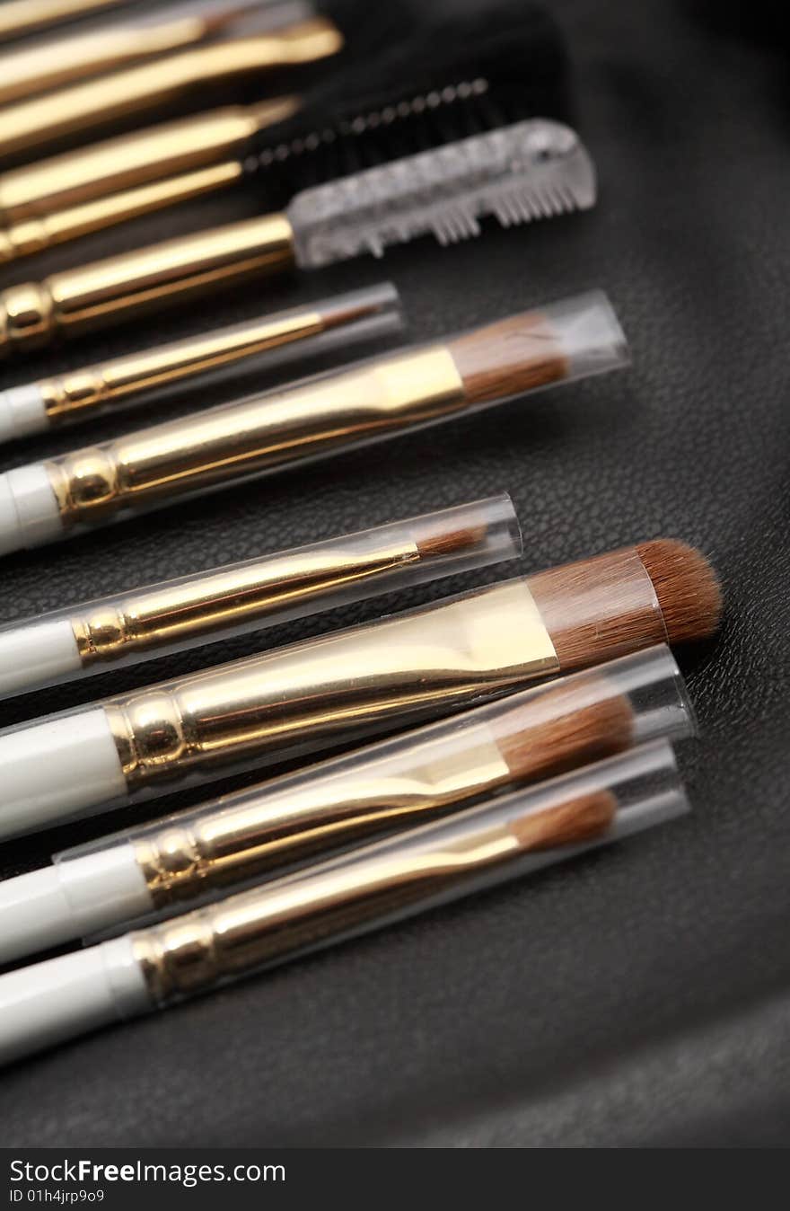 Close-up of brand new makeup brushes