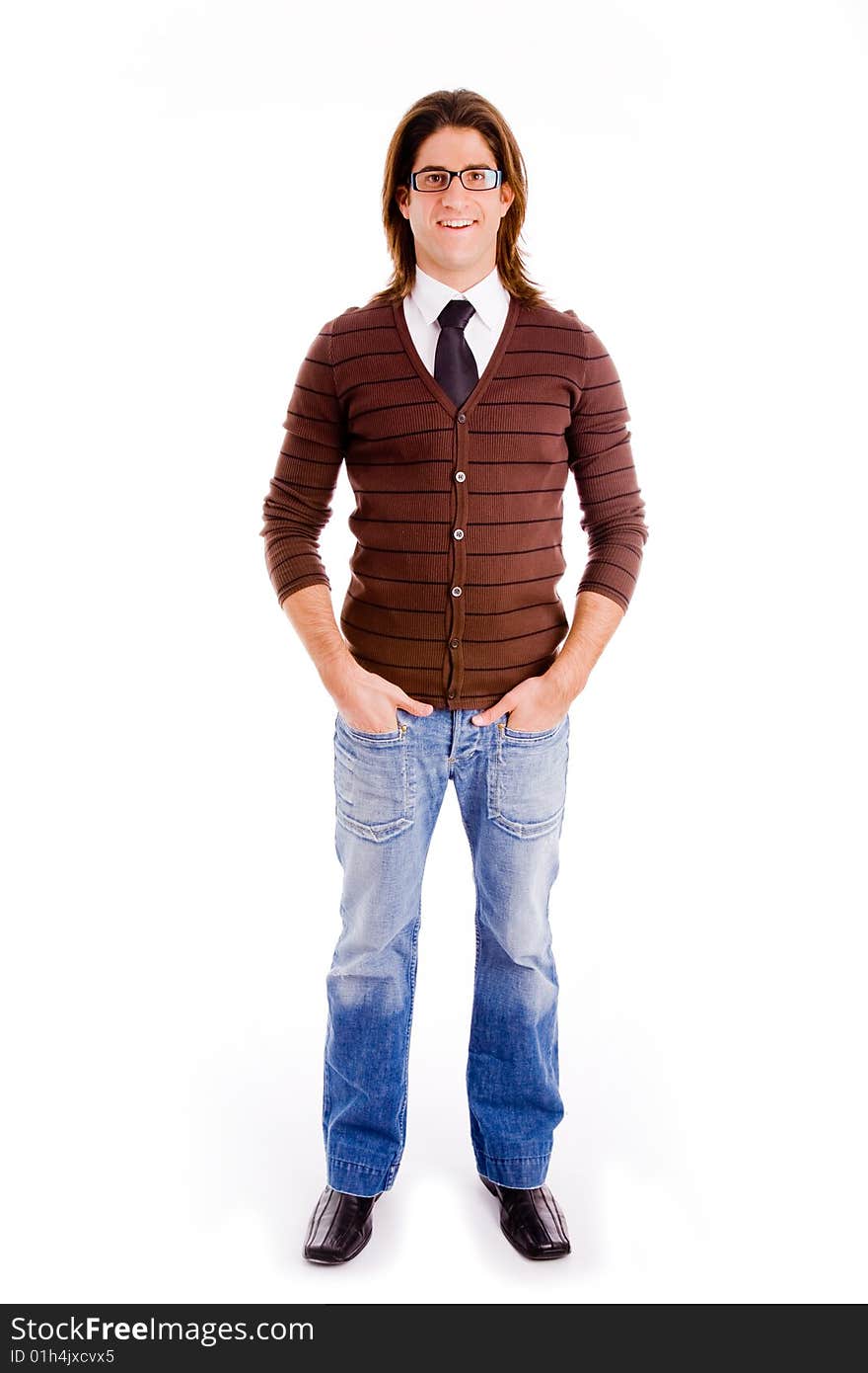 Portrait of thinking man looking up on an isolated white background