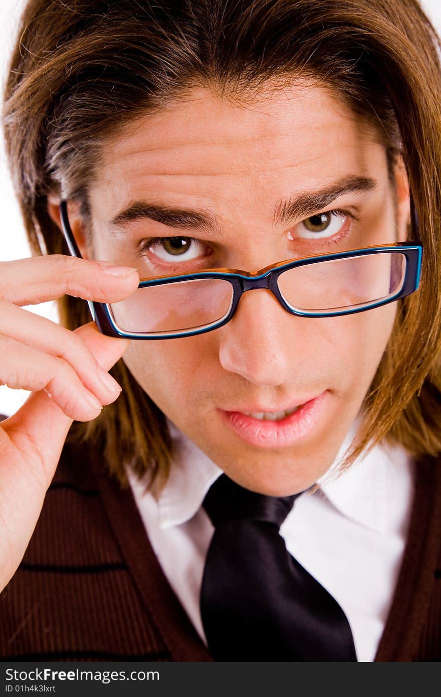 Portrait of thinking man looking up on an isolated white background