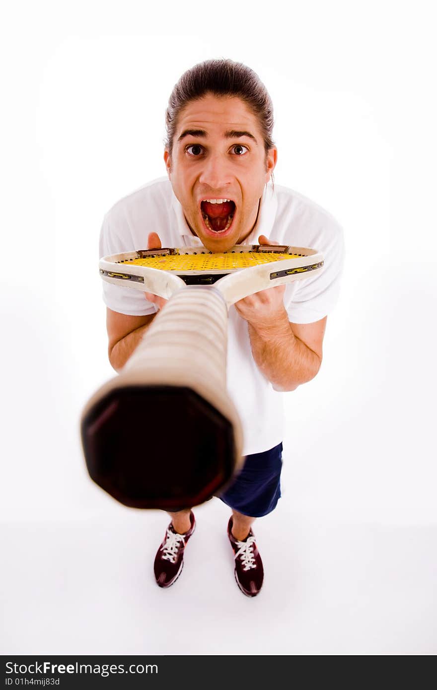 Front view of male carrying racket