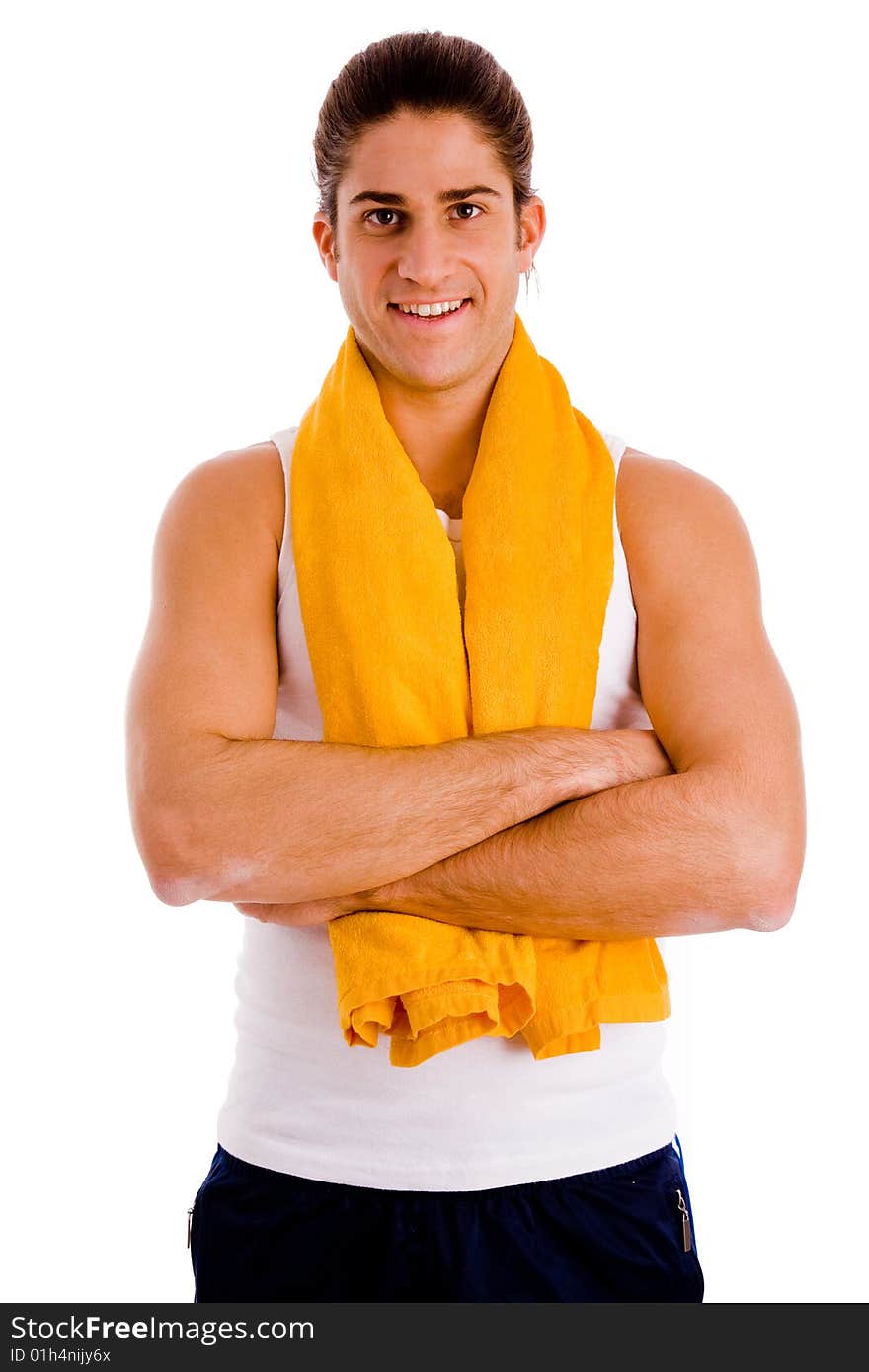 Portrait of powerful man showing muscles on an isolated white background