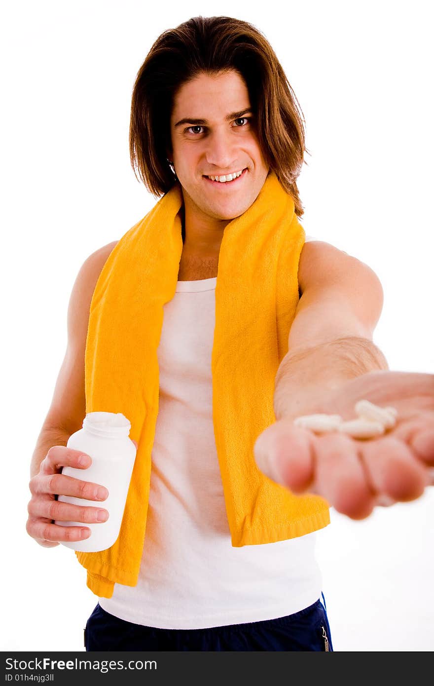 Portrait of powerful man showing muscles on an isolated white background