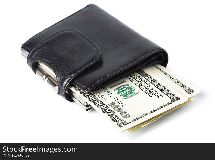 Dollar banknotes in black wallet isolated on white