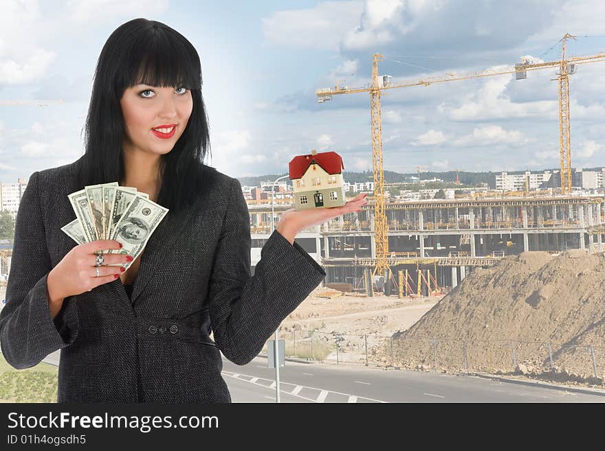 Business woman advertises real estate on background