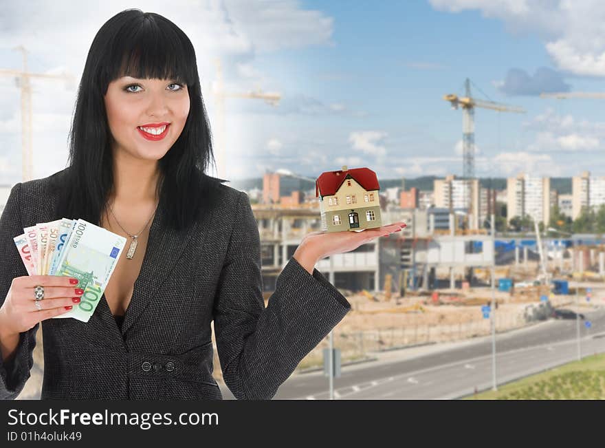 Business woman advertises real estate on background