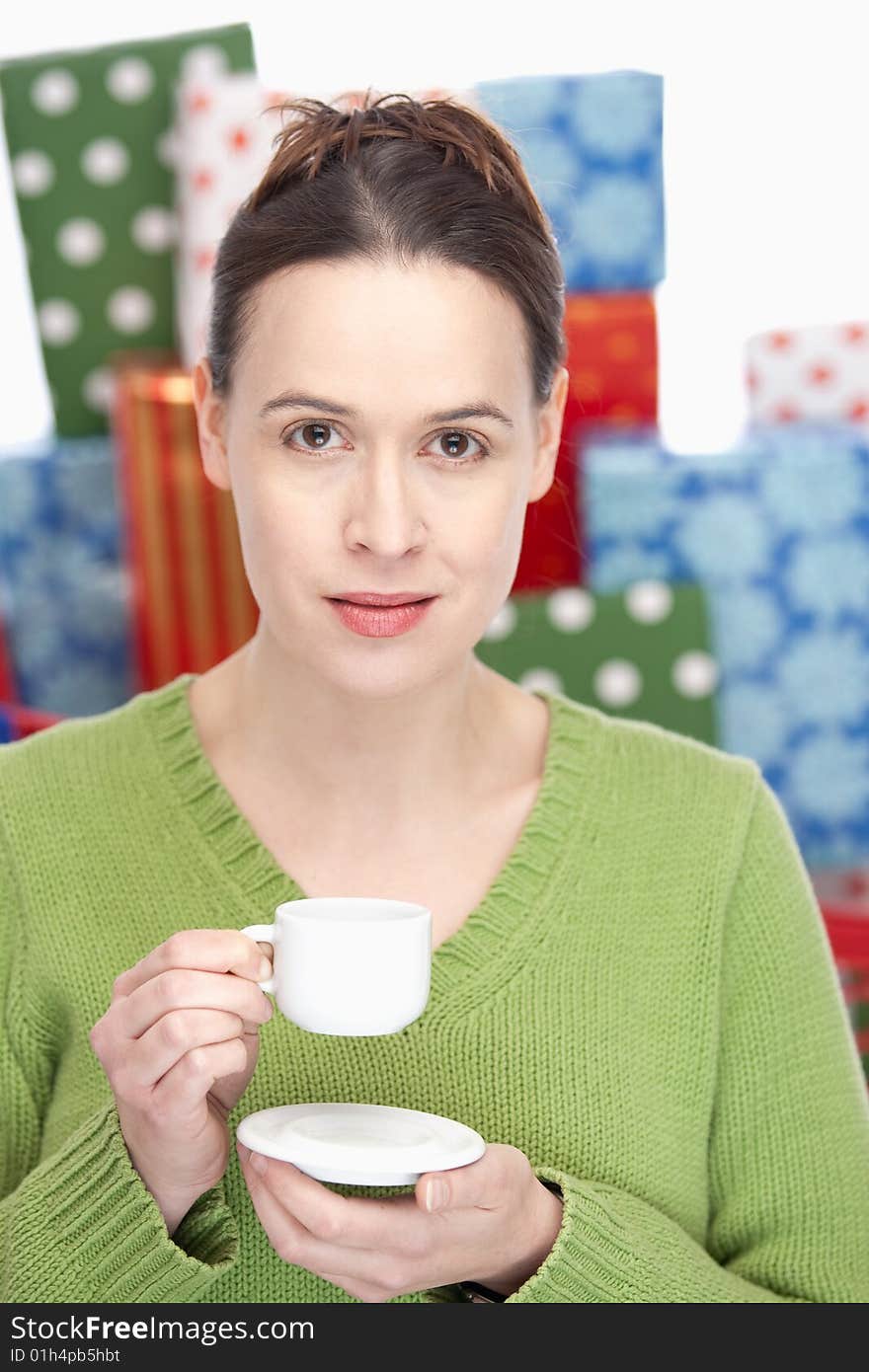 A woman having an espresso, taking a break - shallow depth of field. A woman having an espresso, taking a break - shallow depth of field