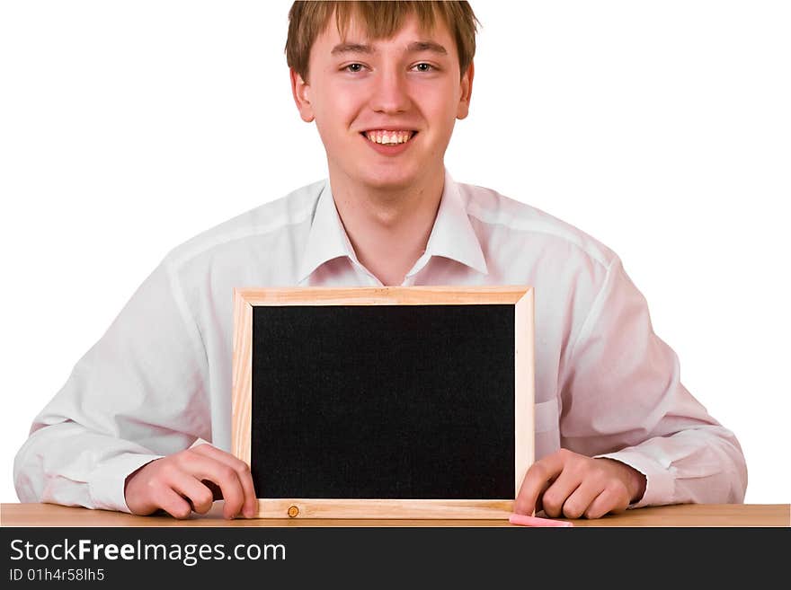 Young Man with blank blackboard sitting on white background. Young Man with blank blackboard sitting on white background