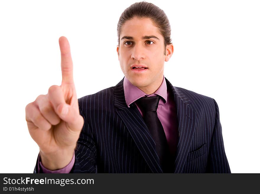 Side view of standing successful businessman with white background