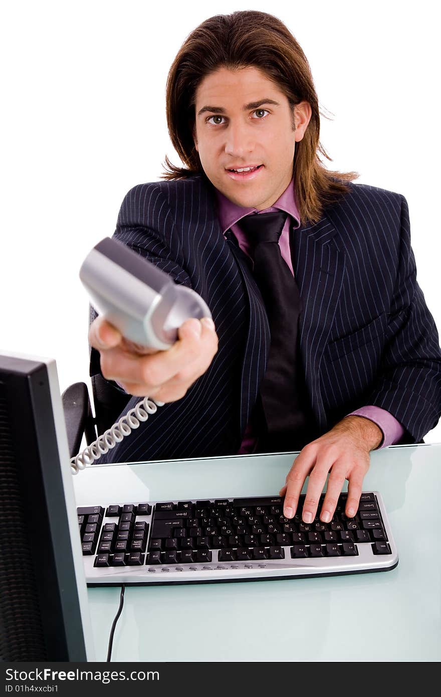 Side view of standing successful businessman with white background