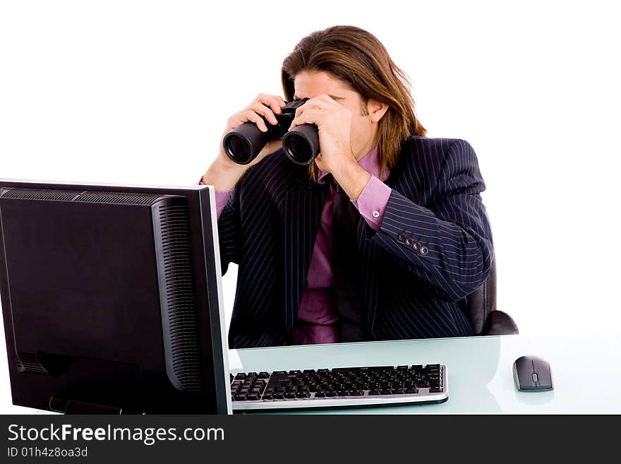 Side view of standing successful businessman with white background