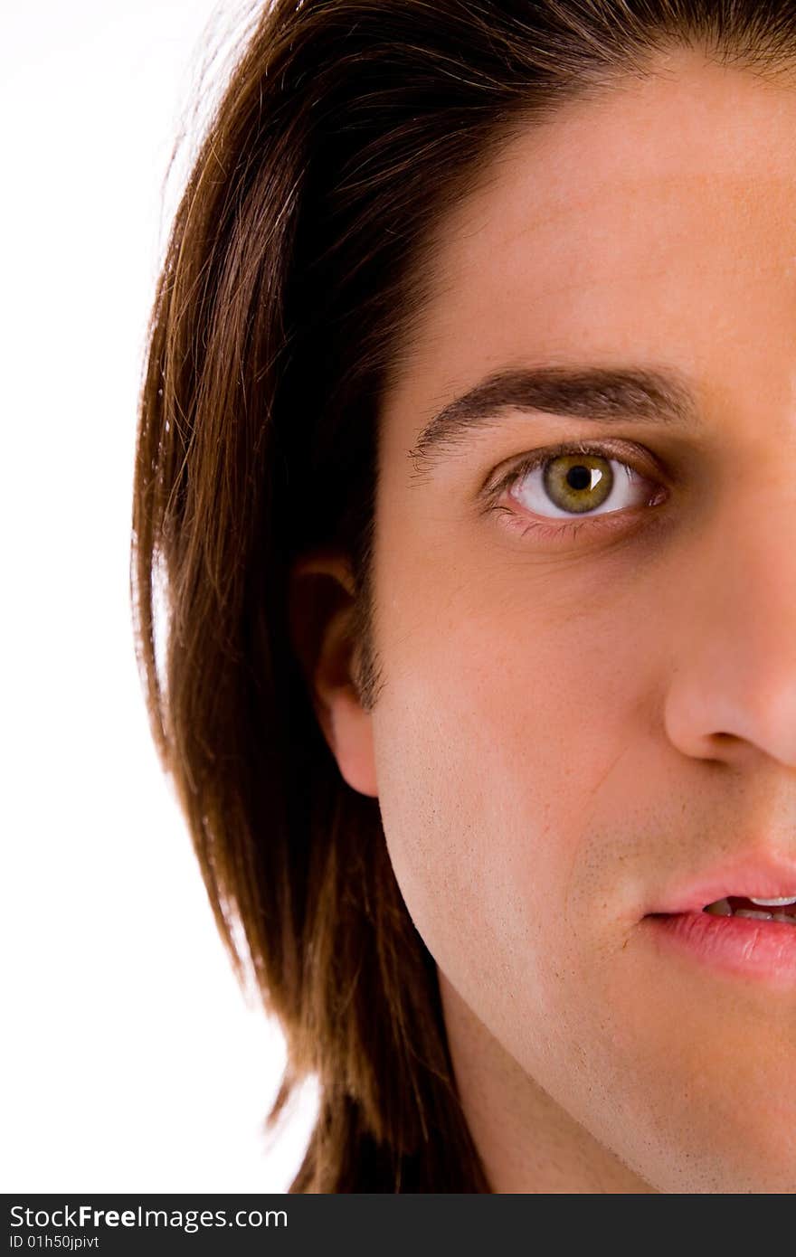 Portrait of thinking man looking up on an isolated white background