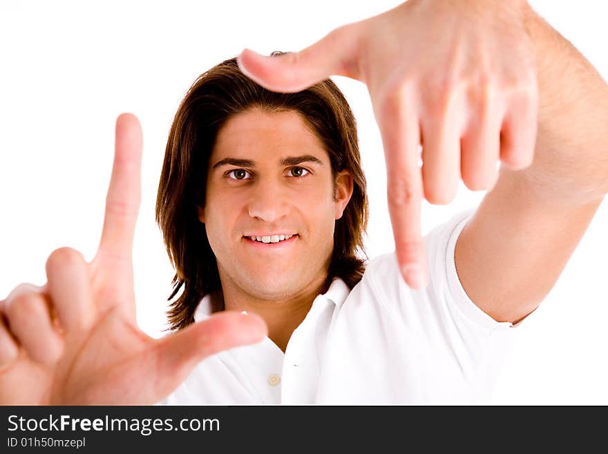 Portrait of thinking man looking up on an isolated white background