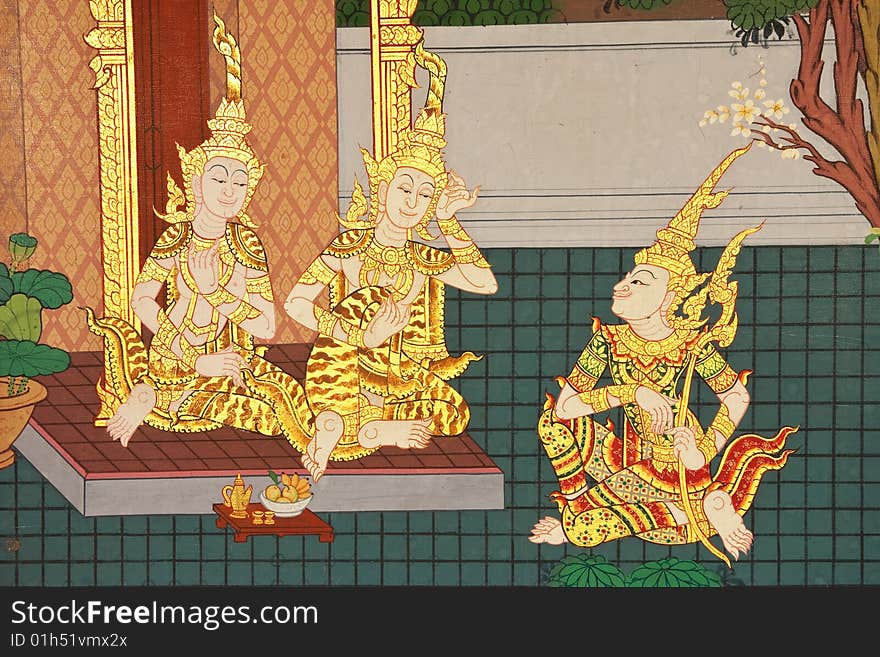 Painting of Devas in traditional Thai style on the wall of Buddhist church. Painting of Devas in traditional Thai style on the wall of Buddhist church.