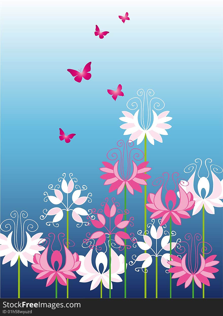 Beautiful flowers with butterfly on blue background.