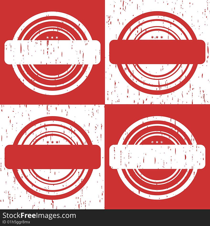 Series of empty stamp designs isolated on red and white with grunge