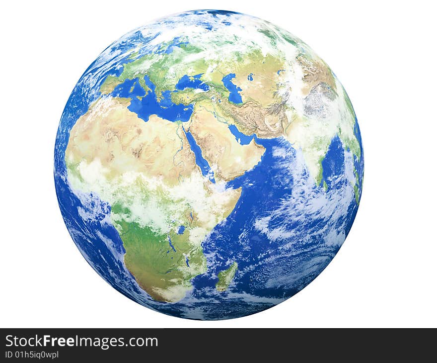 High resolution 3D render of Planet Earth. Shaded relief, natural colors, clouds cover. High resolution 3D render of Planet Earth. Shaded relief, natural colors, clouds cover.