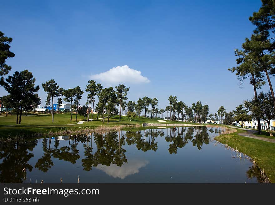 Beautiful view of golf pond and trees in the background