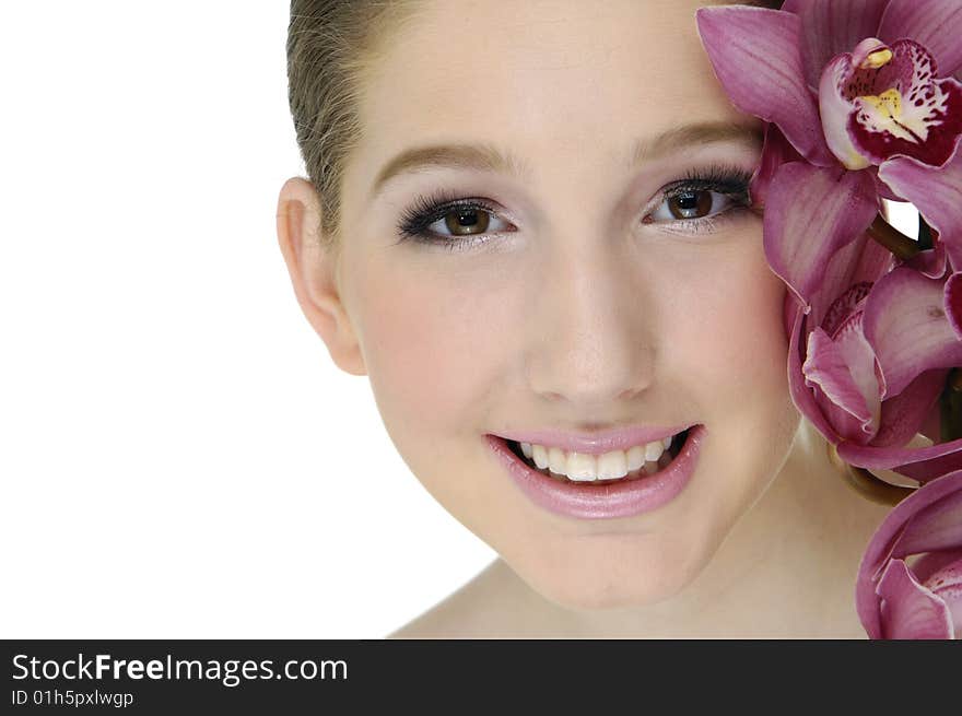 Bright picture of lovely girl with orchid. Bright picture of lovely girl with orchid