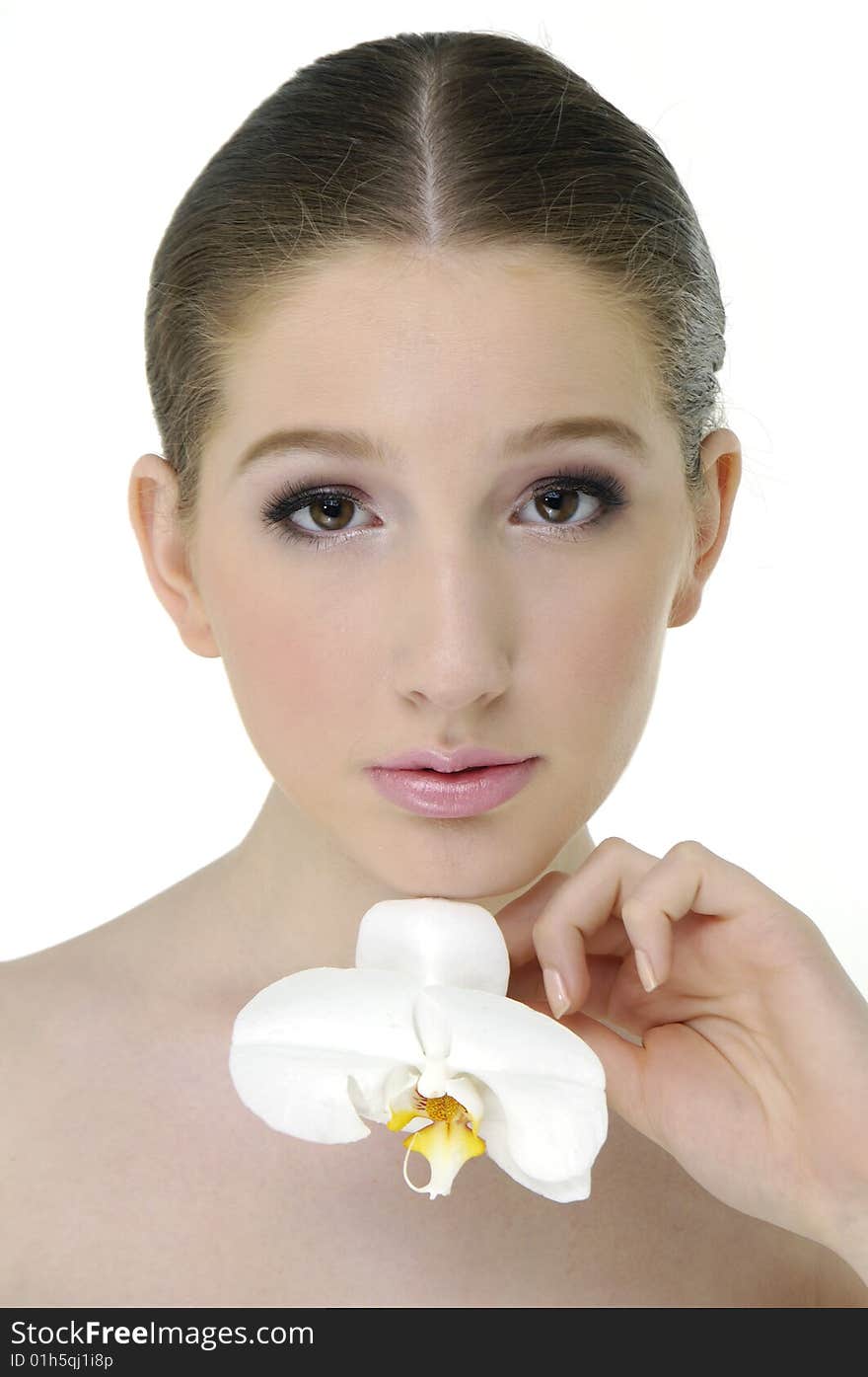 Bright picture of lovely girl with orchid. Bright picture of lovely girl with orchid