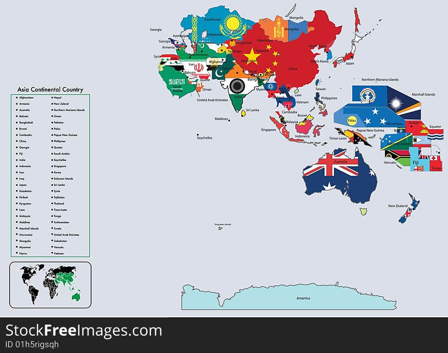 Asia Continental country flags and map