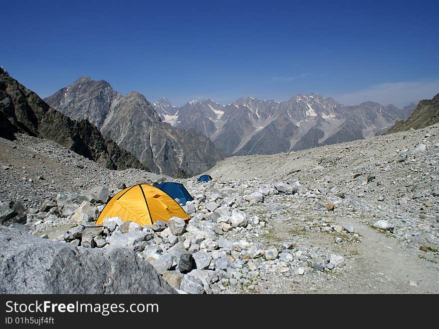 Camp of climbers in mountains of caucasus. The place is called - the Warm corner. Camp of climbers in mountains of caucasus. The place is called - the Warm corner