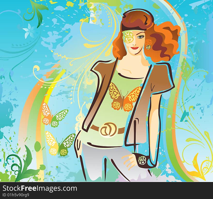 Fashionable Woman On Grunge Background