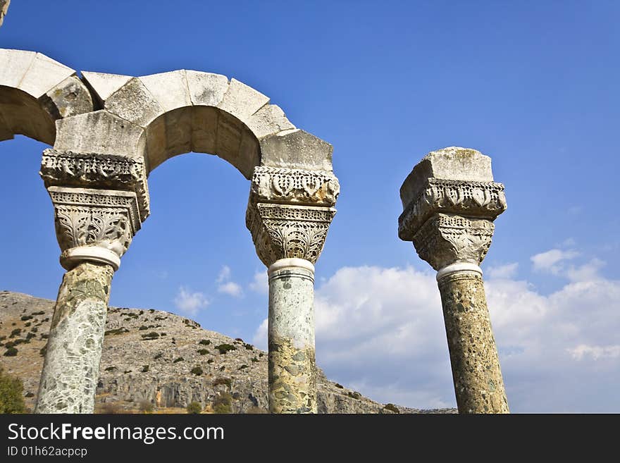 Ancient Greek pillars on Fillipous area archaeological site in North Greece