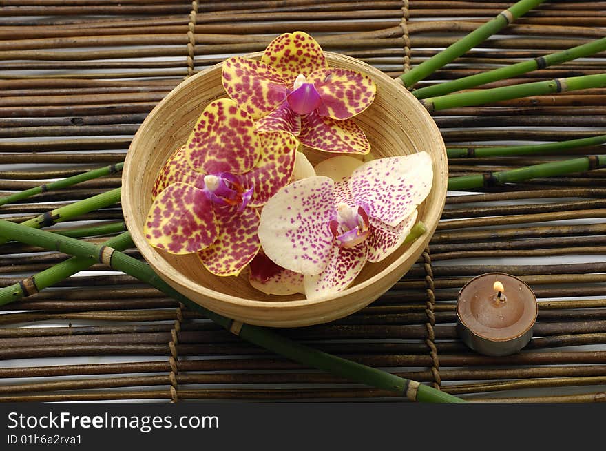 Beautiful orchid in brown bowl with candle ,bamboo on mat. Beautiful orchid in brown bowl with candle ,bamboo on mat