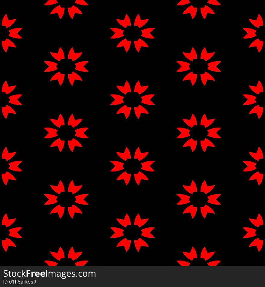 Seamless texture of bright red flower shapes on black. Seamless texture of bright red flower shapes on black