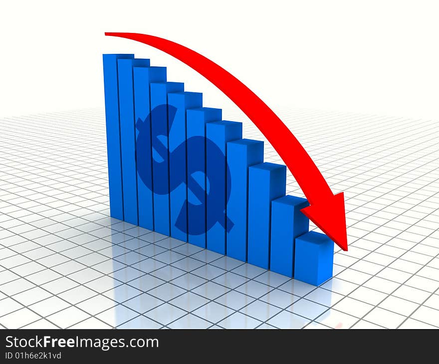 XXL 3D render of a bar graph with a falling red arrow and a dollar symbol. XXL 3D render of a bar graph with a falling red arrow and a dollar symbol