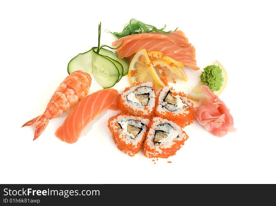 Sushi assortment isolated on the white background. Sushi assortment isolated on the white background